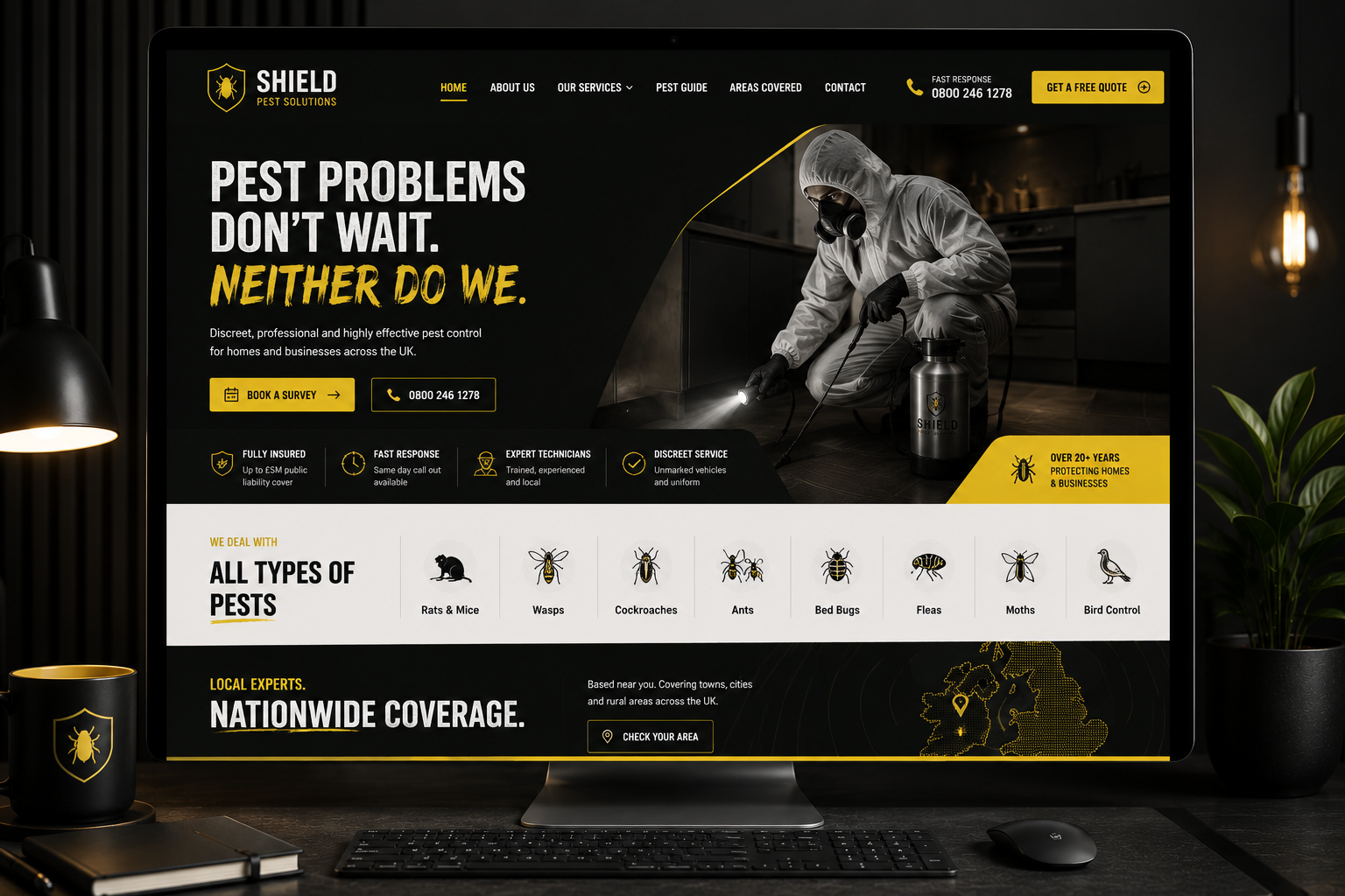 Pest control website displayed on desktop